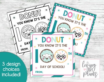 100th day treat tags, Donut 100 days of school, Editable 100 day treat tags, 100th day of school treat, 100 day treat labels
