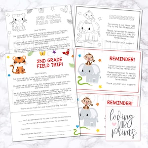 May include: A printable reminder for a 2nd grade field trip to the Des Moines Zoo. The reminder features a cartoon elephant and monkey with stars and a reminder to send a sack lunch, comfortable clothes, and tennis shoes. The text reads "Reminder! Tomorrow is our class field trip to the Des Moines Zoo. Please remember to send a sack lunch with your child and in comfortable clothes and tennis shoes. Thank you for your support!"