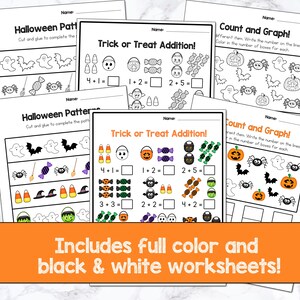 May include: Black and white printable Halloween-themed worksheets for kids. The worksheets include activities like counting, graphing, and addition problems. The worksheets feature images of ghosts, bats, pumpkins, candy corn, and spiders.