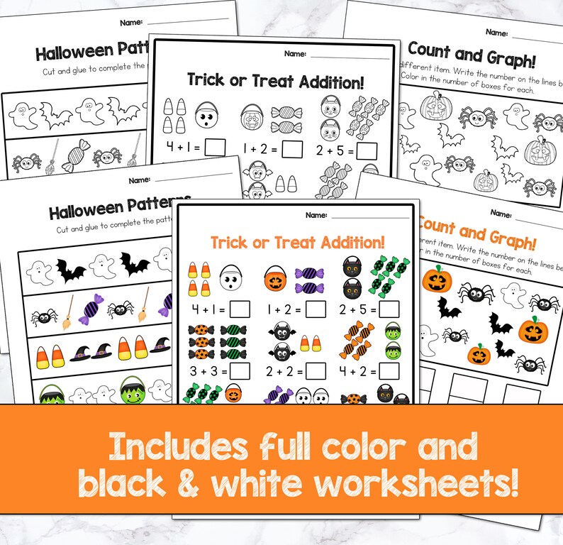 May include: Black and white printable Halloween-themed worksheets for kids. The worksheets include activities like counting, graphing, and addition problems. The worksheets feature images of ghosts, bats, pumpkins, candy corn, and spiders.