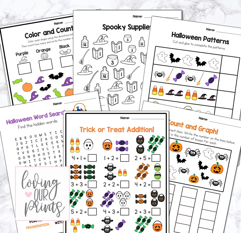 May include: A set of printable Halloween-themed worksheets for kids. The worksheets include activities such as coloring, counting, word searches, addition problems, and graphing. The worksheets feature images of pumpkins, bats, ghosts, witches, and candy.