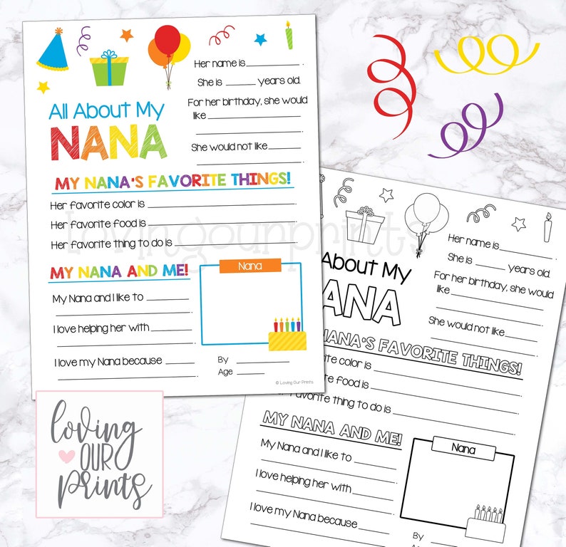 May include: A printable worksheet for kids to fill out about their Nana. The worksheet has colorful illustrations of balloons, a birthday cake, and a gift. The worksheet asks questions like "Her name is...", "She is... years old", "For her birthday, she would like...", "She would not like...", "Her favorite color is...", "Her favorite food is...", "Her favorite thing to do is...", "My Nana and I like to...", "I love helping her with...", "I love my Nana because..."