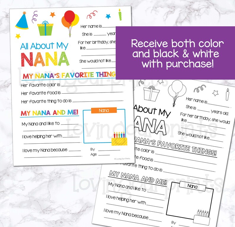 May include: Printable fill-in-the-blank activity sheets for kids to learn about their Nana. The sheets feature colorful illustrations of birthday cake, presents, and balloons. The text on the sheet says "All About My Nana" and "My Nana's Favorite Things".