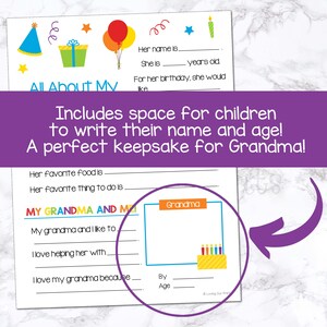 May include: A printable worksheet with colorful illustrations, titled "All About My Grandma". It includes prompts for children to write about their grandma, such as their favorite food, things they like to do together, and why they love their grandma.