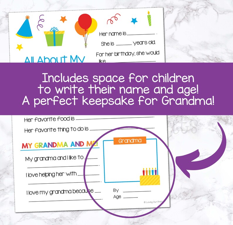 May include: A printable worksheet with colorful illustrations, titled "All About My Grandma". It includes prompts for children to write about their grandma, such as their favorite food, things they like to do together, and why they love their grandma.