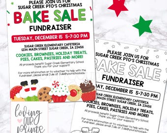 May include: A printable flyer for a Christmas bake sale fundraiser. The flyer is red, green, and white with a festive design. It includes the date, time, and location of the event. The flyer also includes a list of baked goods that will be available for purchase. The text on the flyer reads: "Please join us for Sugar Creek PTO's Christmas Bake Sale Fundraiser. Tuesday, December 15, 5-7:30 PM. Sugar Creek Elementary Cafeteria, 1234 Main Street Sugar Creek, IA 23456. Cookies, Brownies, Holiday Treats, Pies, Cakes, Pastries and More! All proceeds benefit Sugar Creek Elementary School. Thank you for your support! For more information or to volunteer to help with the fundraiser, please email Julie at Julie@yourschooledu."