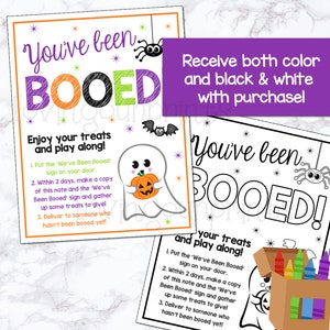 May include: A printable Halloween Booed sign featuring a ghost holding a pumpkin. The sign includes instructions for a fun Halloween game. The sign is available in both colour and black and white.