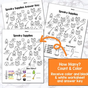 May include: A printable Halloween-themed worksheet for kids. The worksheet features a black and white illustration of a witch, a cauldron, a broom, a book, a potion bottle, and a hat. The worksheet asks children to count the number of each item and color them in. The worksheet includes a key with numbers and colors corresponding to the items. The text on the worksheet reads "Spooky Supplies" and "How many?"