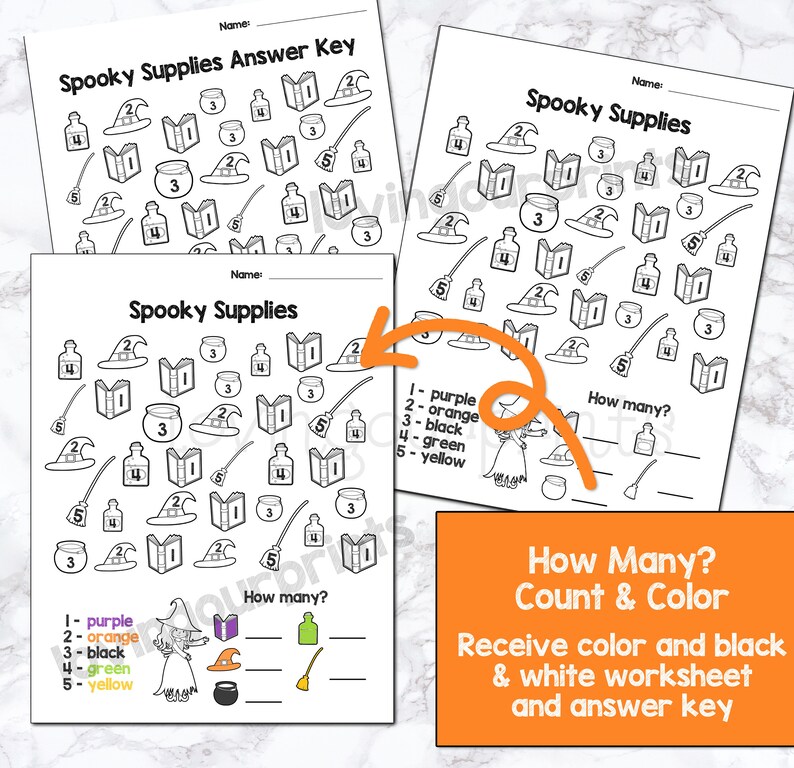 May include: A printable Halloween-themed worksheet for kids. The worksheet features a black and white illustration of a witch, a cauldron, a broom, a book, a potion bottle, and a hat. The worksheet asks children to count the number of each item and color them in. The worksheet includes a key with numbers and colors corresponding to the items. The text on the worksheet reads "Spooky Supplies" and "How many?"