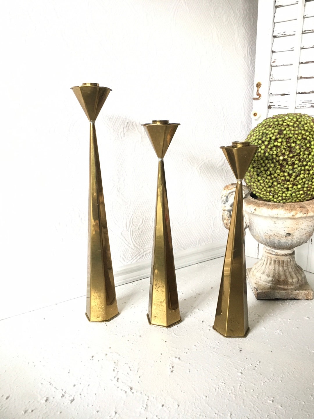 3 MCM Candlesticks Brass Vintage Set of Graduated Etsy