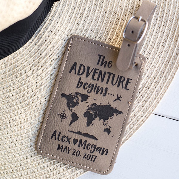 Travel Luggage Tag, The Adventure Begins Personalized Gifts, World Map Luggage Tag, Faux Leather, Custom Travel Gifts for Couples