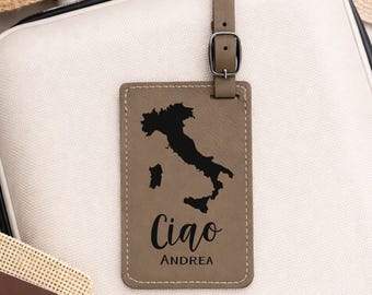 Ciao Italy Map Luggage Tag, Personalized with Name of Traveler: Faux Leather Travel Accessory