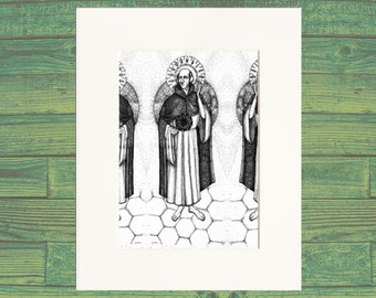 Joseph Plateau with Phenakistiscope and Sun | Saints of Science | Black and White Wall Art | Matted Archival Print from Drawing | Ann Vann