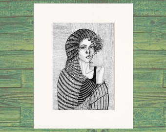 Punk Girl | Matted Print from Drawing | Black and White Wall Art | Portrait | Woman with Curly Hair