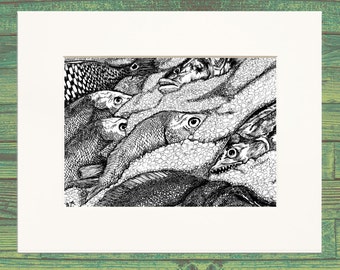 Fish on Ice A Strange School | Black and White Wall Art | Matted Print from Drawing | Ann Vann Art