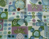Vintage Feedsack, Fruit Salad Colors of aqua, purple, and olive green, full size.