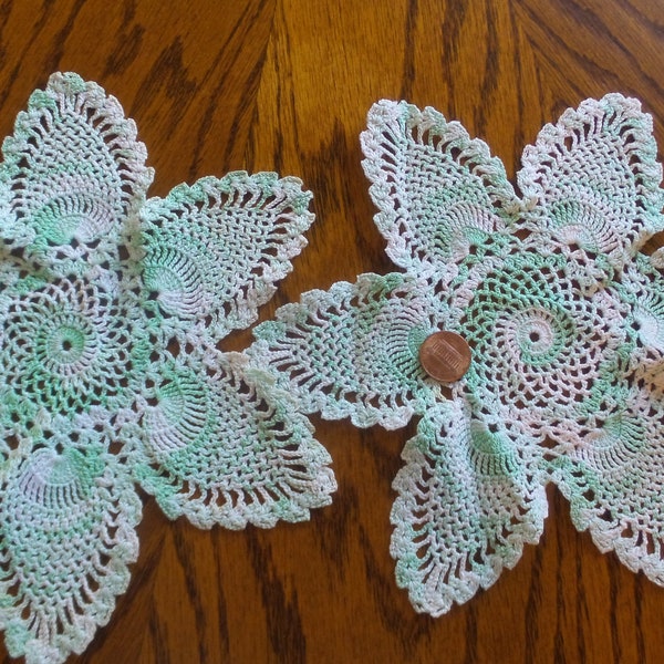 Three White and Minty Green crocheted doilies, lovely variegated green, 2 at 9" across, 1 at 10" across