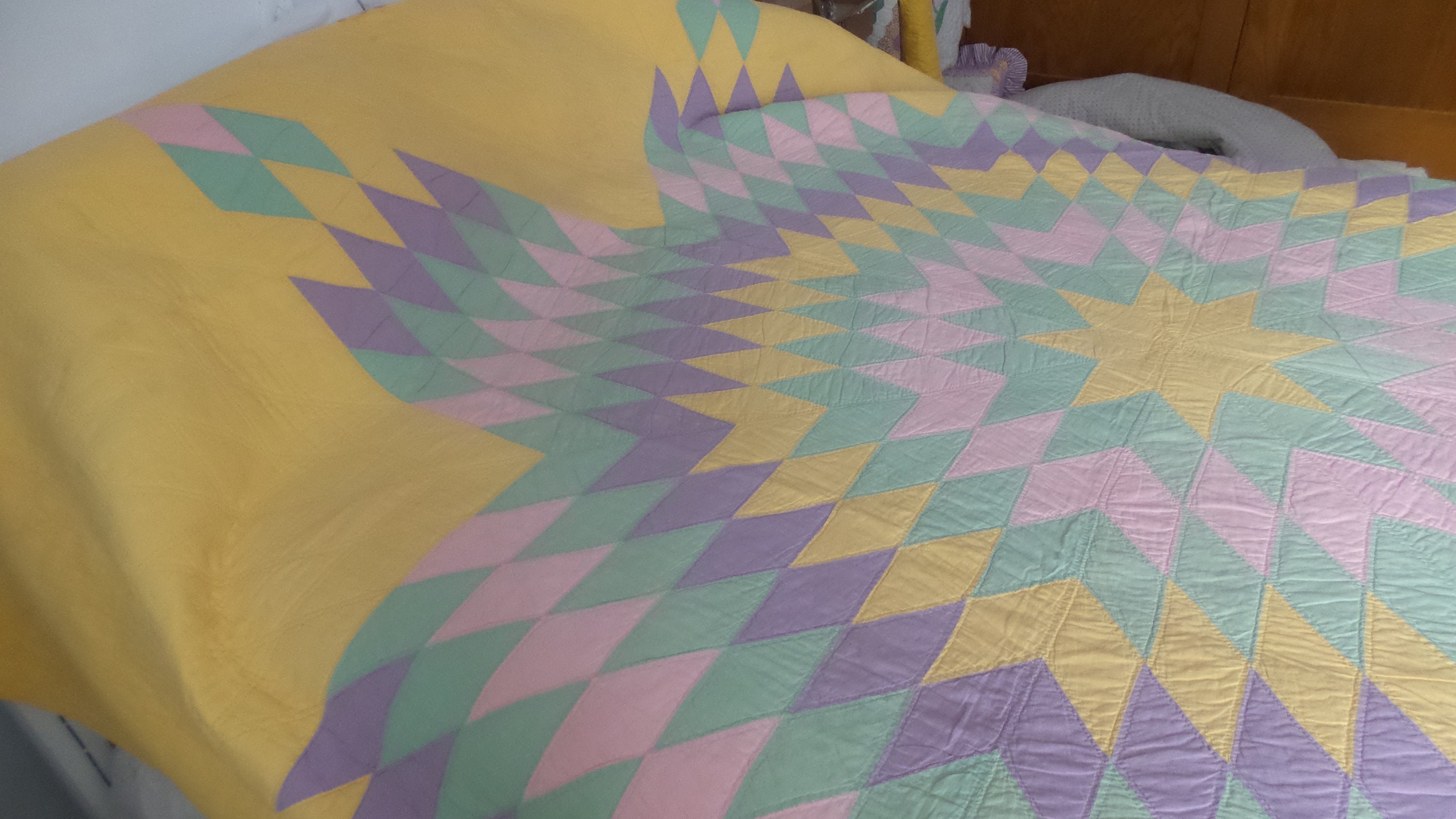Vintage Lone Star Quilt in Pastels, 1930s Era, Hand Quilted, Nice 