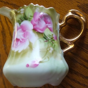 Vintage Hand Painted Lefton Tiny Pitcher, Green with pink roses, gold handle