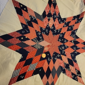 May include: A quilt block featuring a large eight-pointed star design composed of diamond-shaped fabric patches in navy blue, coral, and cream. The star is set against a cream background. A copper-colored penny is placed near the center.