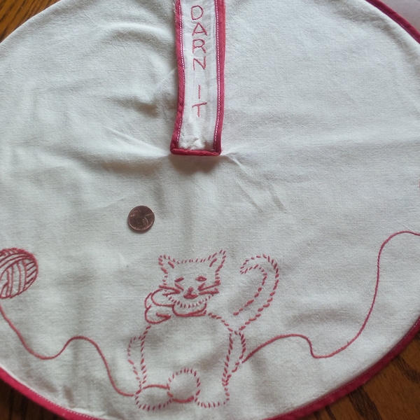 Vintage Cotton Sewing Bag, hand made, 1930s, embroidery, circular, unusual, words