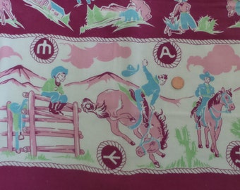 Vintage Feedsack with Cowboys! Border Prints, Burgundy, novelty print