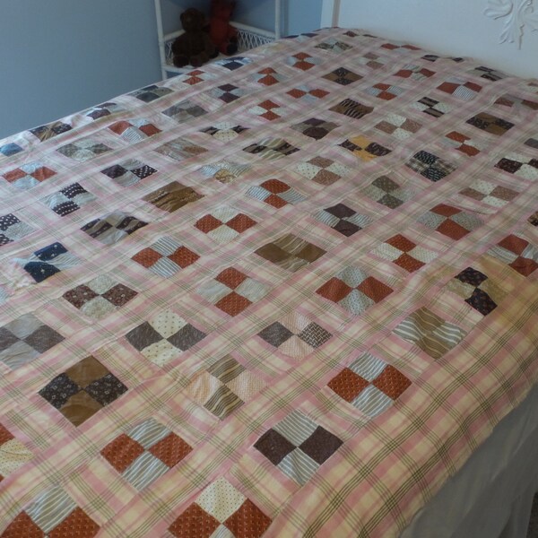 Vintage Quilt Top-- Civil War era-- interesting story! full size, four patches, strippy