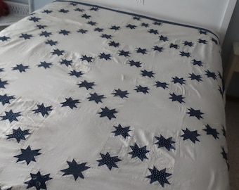 Vintage Indigo Stars quilt top-- small stars! Nicely pieced, 1800s