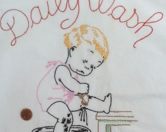 Vintage Laundry Bag, Hand embroidered, cute picture, 14" x 47", some damage at top, clean