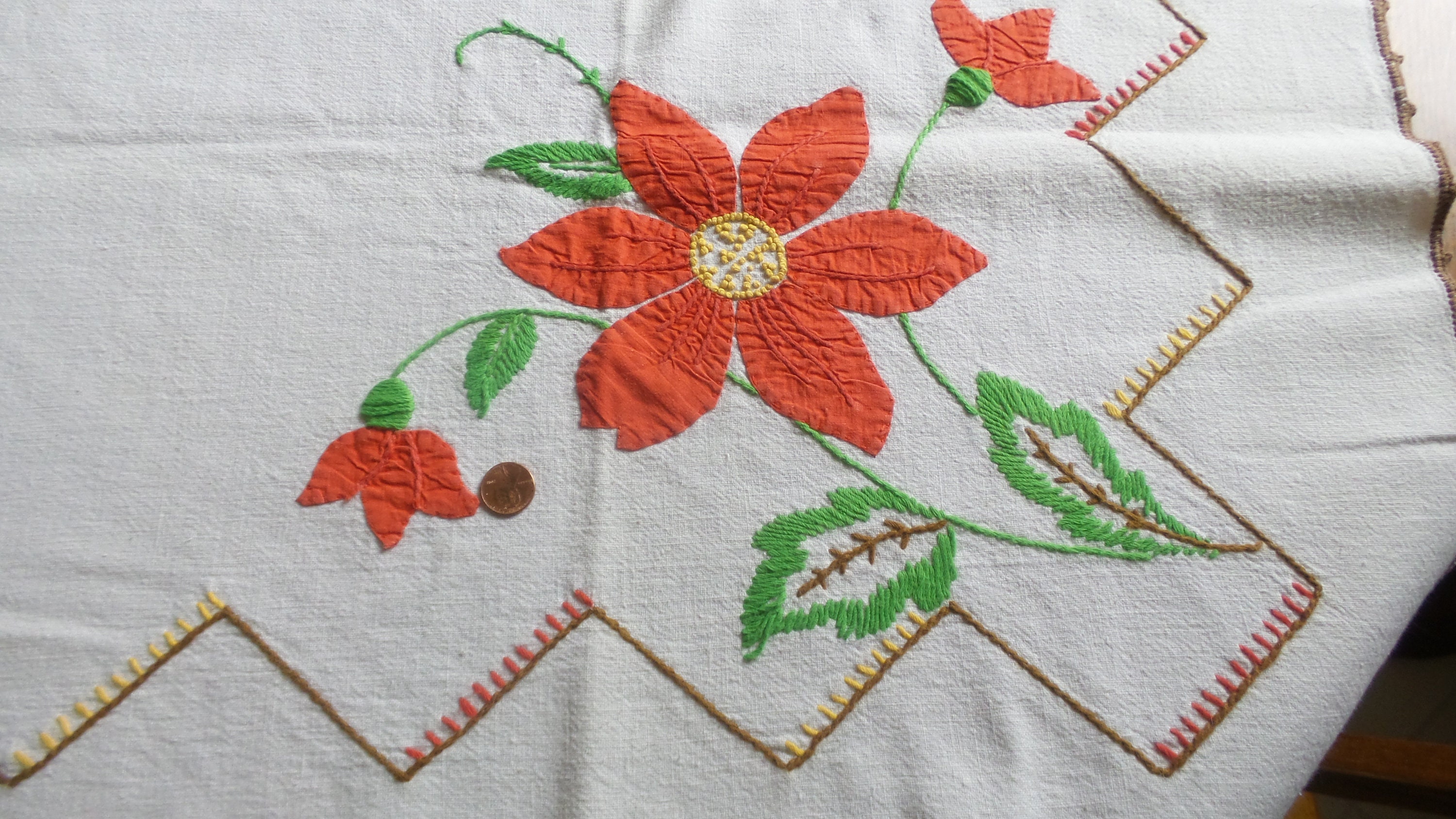 Vintage Tablecloth-- Appliqued, embroidered, bright colors, almost square