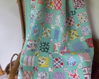 Vintage Feedsack Kit!  Green background with 48 (most different) 6&quot; vintage feedsack squares! Pattern included.