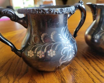 SEt of Vintage Silver Sugar and Creamer, nicely etched