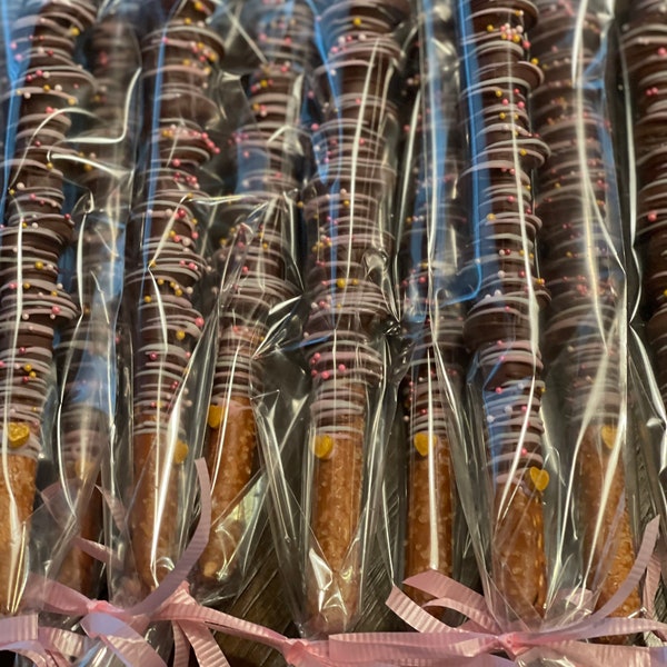 Chocolate covered Caramel Pretzel Rods, Gourmet  Chocolate Covered Pretzels, Party Favors, One Dozen Chocolate Covered Pretzels Rods