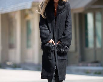 Maxi Jacket, Fur Coat, Wool Coat, Women Black Coat, Elegant Coat, Warm Coat, Plus Size Coat, Designer Coat, Gothic Coat, Goth Winter Coat