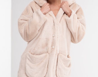 Hooded Coat, Women Coat, Gothic Clothing, Plus Size Coat, Women Gothic Coat, Faux Fur Coat, Teddy Bear Coat, Beige Coat