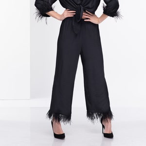 Black Pants with Feathers, Elastic Band Pants, Formal Trousers, Elegant Pants, Extravagant High Waist Pants, Plus Size Pants, Black Trousers