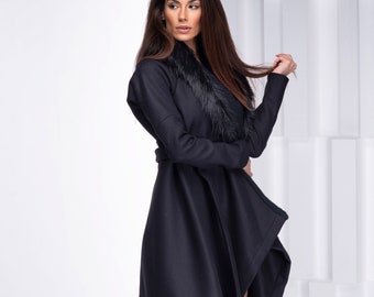 Women Black Coat, Winter Coat, Fur Coat, Women Hooded Coat, Wool Coat, Women Coat, Fur Clothing, Gothic Coat, Trendy Plus Size Clothing