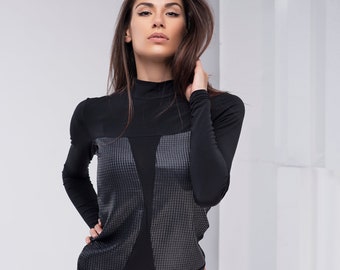 Black Top, Futuristic Top, Plus Size Blouse, Long Sleeved Top, Leather Top, High Collar Top, Extravagant Top, Women Black Top,Turtleneck Top