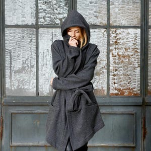 Black Winter Coat, Wool Coat, Black Hooded Coat, Plus Size Clothing ...