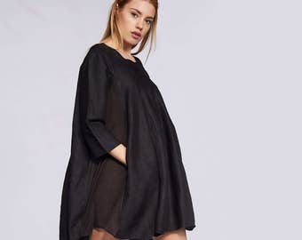 Robe en lin noir, robe en lin taille plus, vêtements tendance taille plus, tunique taille plus, tunique surdimensionnée, robe tunique en lin noir, tunique femme