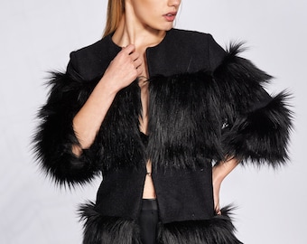 Fur Coat,  Fur Jacket, Black Coat, Wool Coat, Black Jacket, Women Winter Coat, Extravagant Coat, Gothic Jacket, Blazer Coat, Futuristic Coat