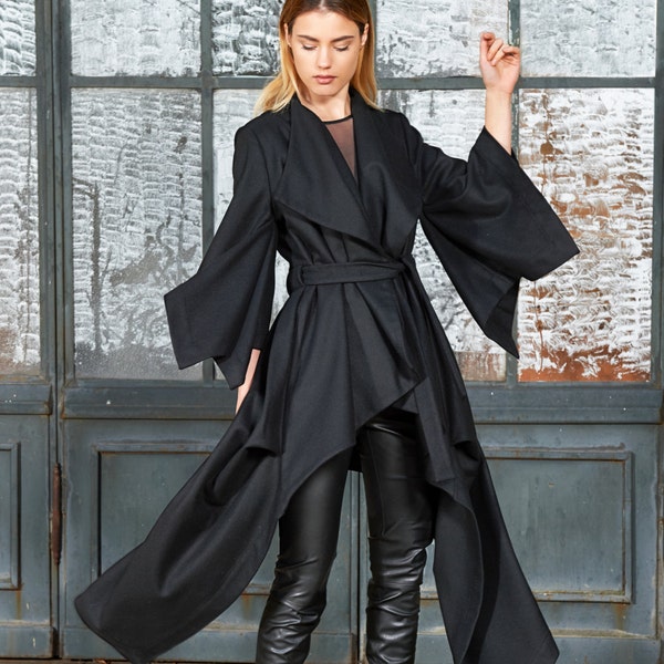 Manteau Cape noire, Cape Maxi, Vêtements Cyberpunk, Manteau noir, Manteau Goth, Manteau asymétrique, Manteau en laine noire, Manteau long, Veste manteau futuriste