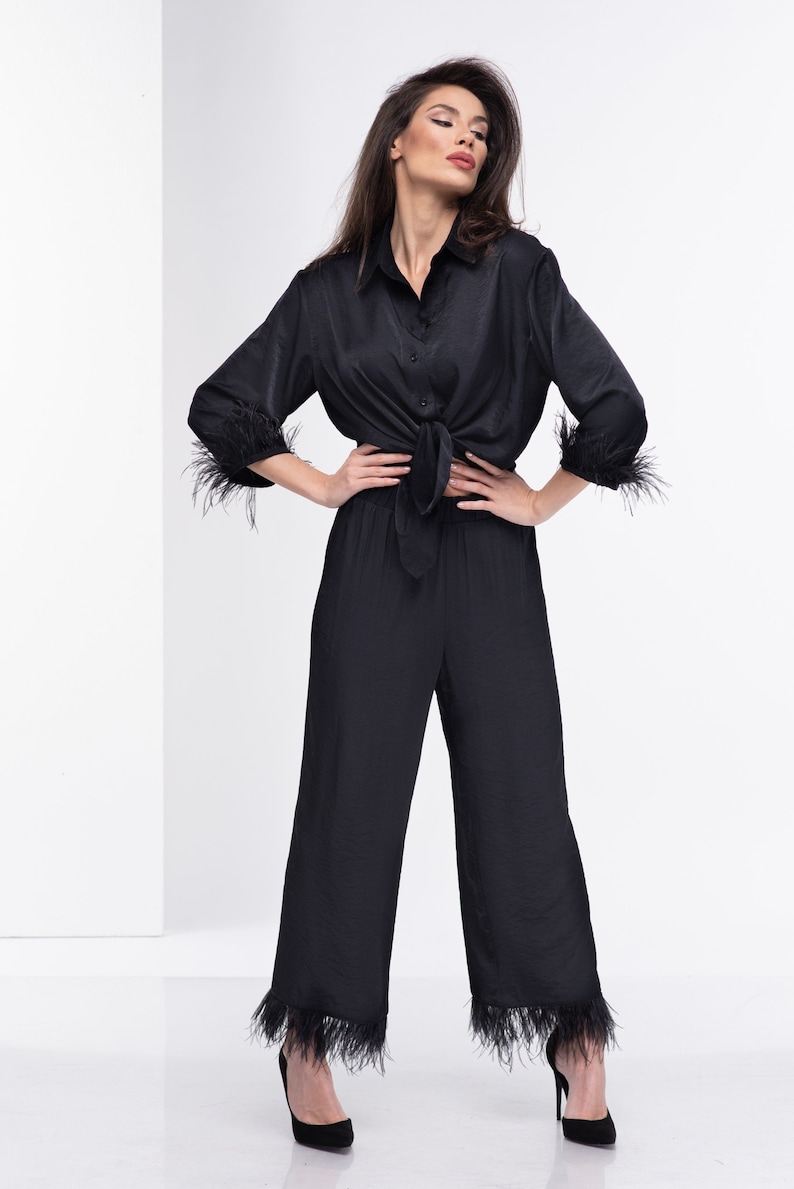 Black Pants with Feathers, Elastic Band Pants, Formal Trousers, Elegant Pants, Extravagant High Waist Pants, Plus Size Pants, Black Trousers