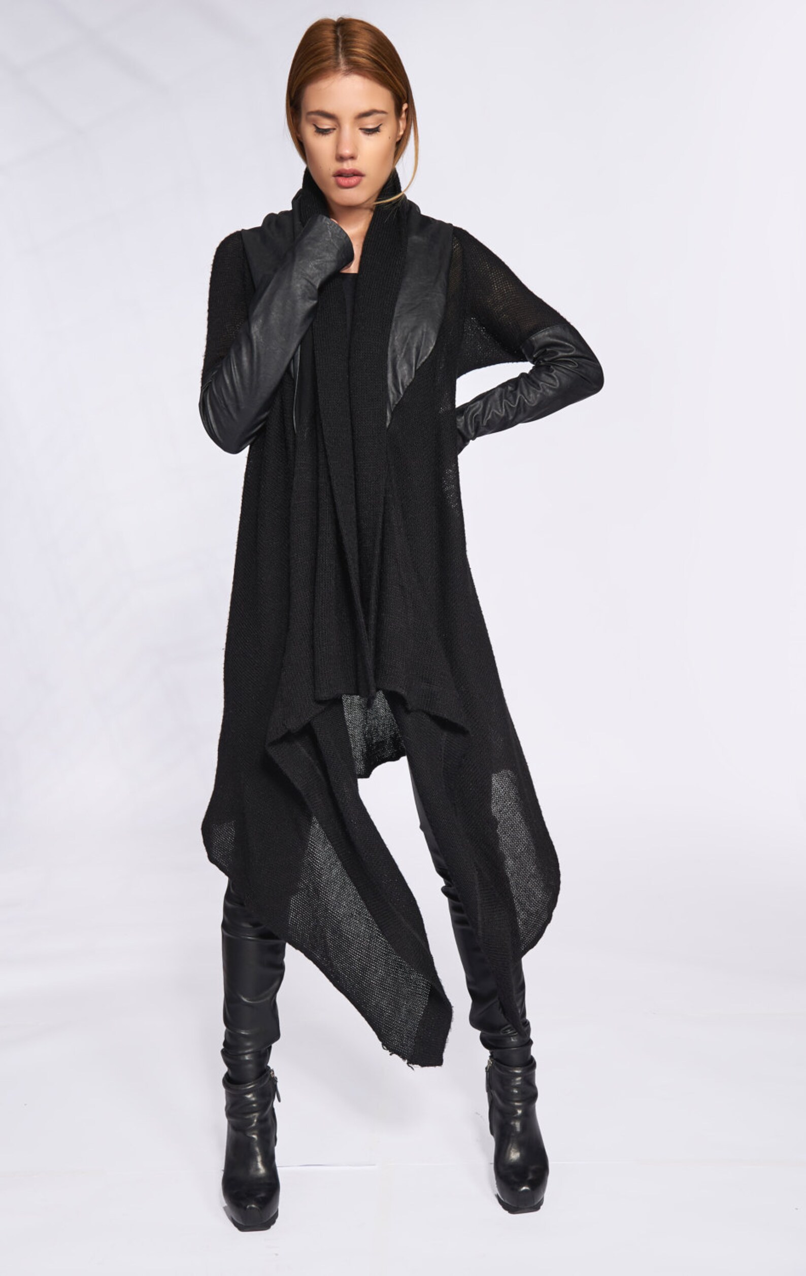 Black Knit Cardigan With Faux Leather Hood Long Black Etsy