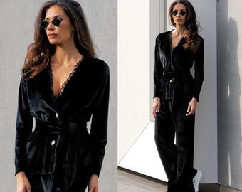 Robe Lounge Jacket and Pants Set, Black Velvet Set Women, Loungewear Set, Velvet Suit, Home wear Top and Pants,Sexy Women Plus Size Clothing