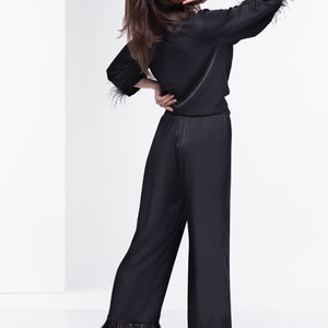 Black Pants with Feathers, Elastic Band Pants, Formal Trousers, Elegant Pants, Extravagant High Waist Pants, Plus Size Pants, Black Trousers image 6