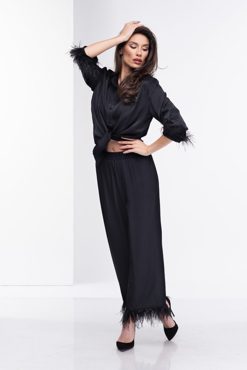 Black Pants with Feathers, Elastic Band Pants, Formal Trousers, Elegant Pants, Extravagant High Waist Pants, Plus Size Pants, Black Trousers image 2