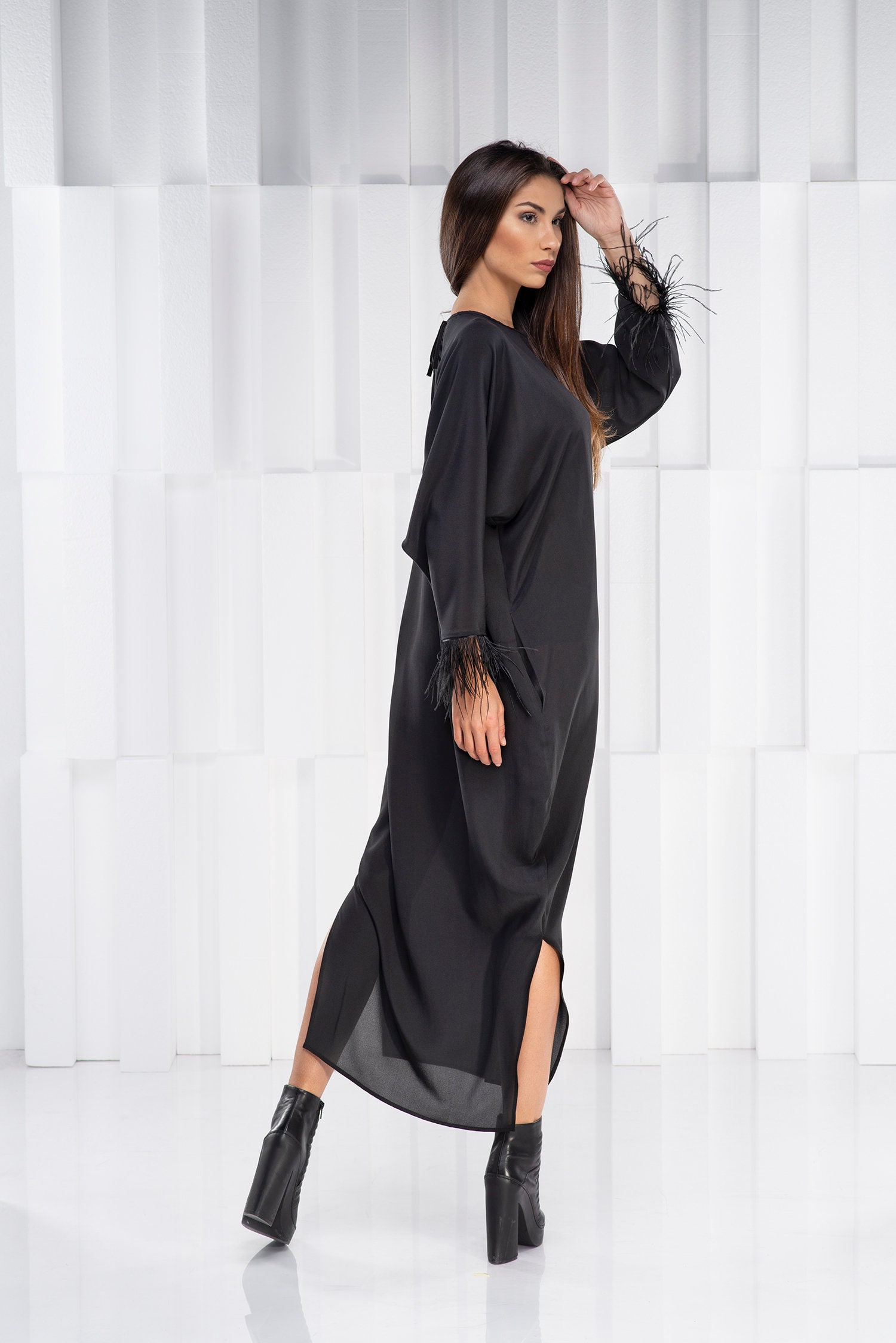 JiaMa Black Women's Long Sleeve Loose Tunic Dress With Pockets - Oversize Cotton XX-Large - View #2
