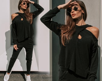 Set of 2, Black Knit Set Women, Off Shoulder Knit Top, Black Jogging Pants, Women Sexy Top, Gothic Clothing, Plus Size Loungewear Women