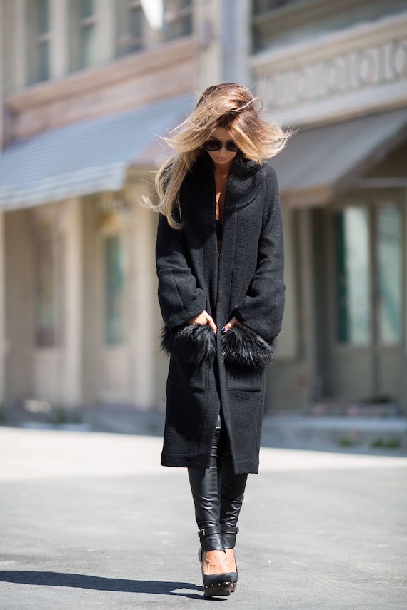 Maxi Jacket, Fur Coat, Wool Coat, Women Black Coat, Elegant Coat